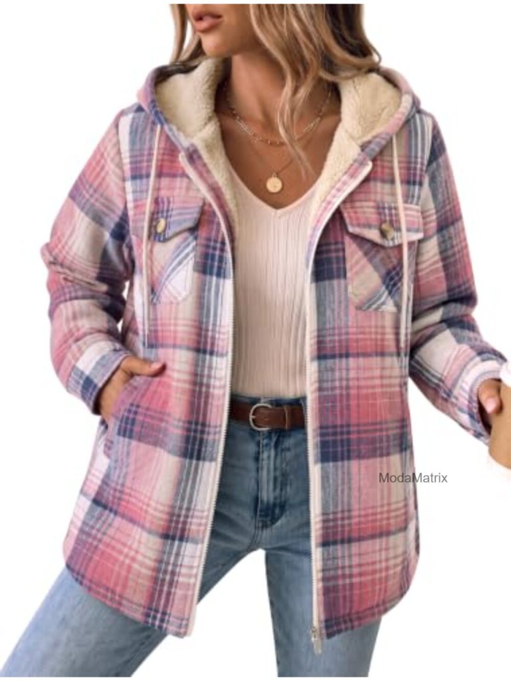 Womens Plaid Fleece Lined Shacket Hooded Winter Coat Full Zip Loose Fit